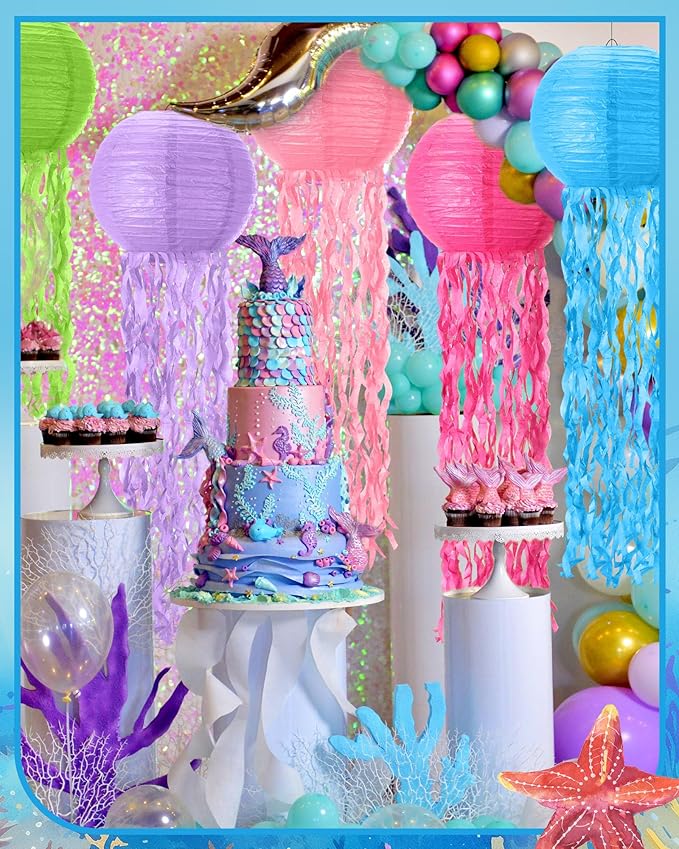 18 Pcs Jellyfish Paper Lanterns Mermaid Birthday Decorations Hanging Lantern Lamps for Ocean Theme Decor Under The Sea Party Supplies-BloomoryGarden