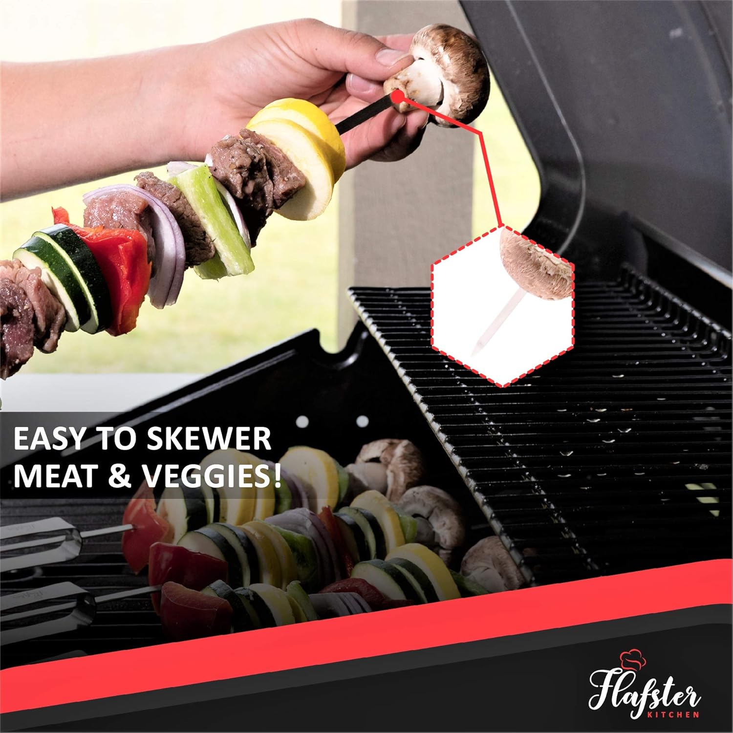 "FLAFSTER KITCHEN BBQ Skewers for Grilling - 16" Stainless Steel Flat Kebab Sticks with Push Bar, Reusable Metal Shish Kabob Skewers, Set of 6"-BloomoryGarden