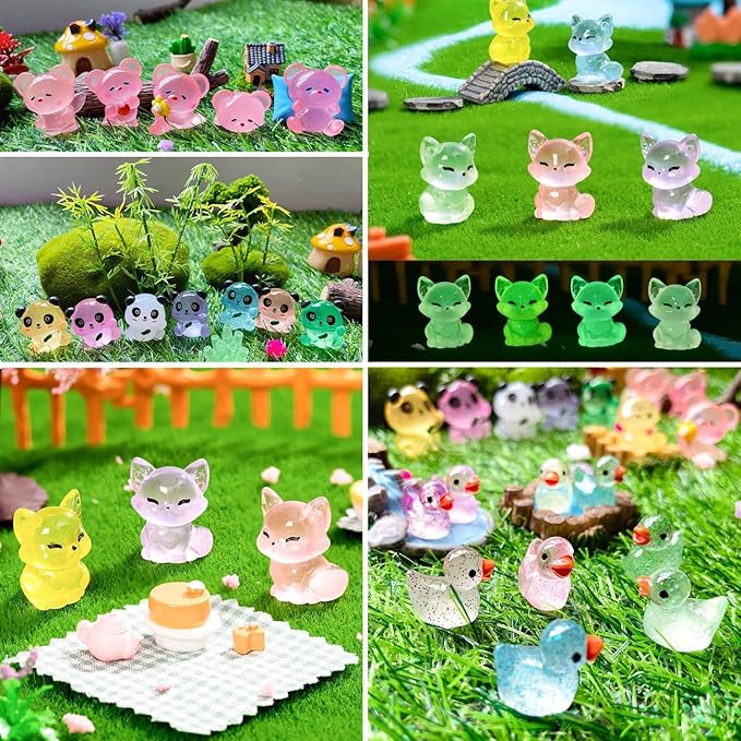 Luminous Mini Resin Animals - 130 Pcs Tiny Animals Mini Ducks Tortoise Rabbit Panda Mushroom Fruits Seashells Set Figurines Glow in The Dark Garden Miniatures Fairy Garden Accessories-BloomoryGarden