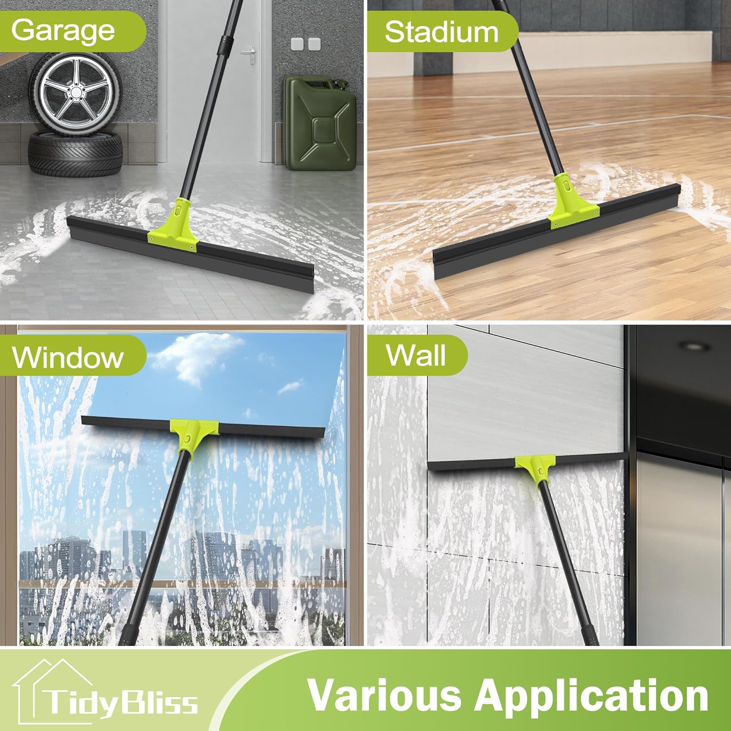 Floor Squeegee Heavy Duty, 24” Rubber Foam Water Scraper Broom, Epoxy Wiper Mop with 62 inches Long Handle for Cleaning Concrete Pool Rug Garage Deck Shower Window Outdoor Indoor (Green)-BloomoryGarden