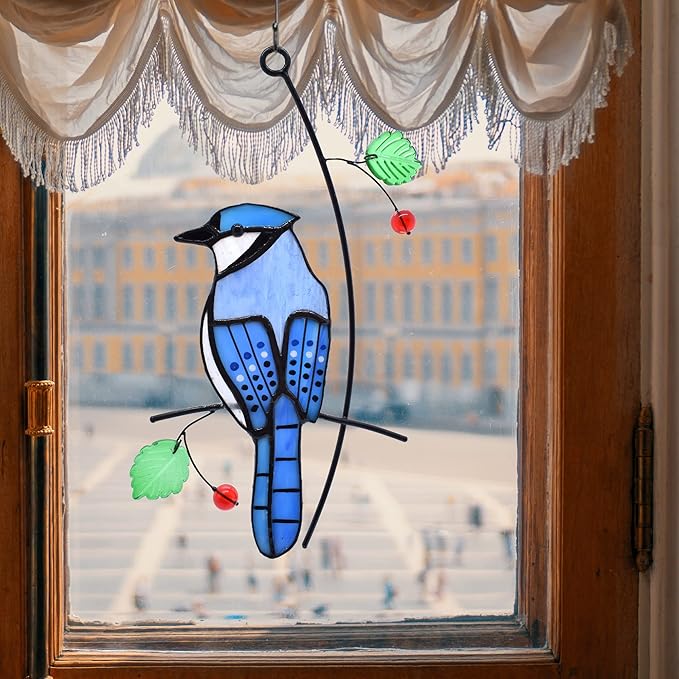 Lolitarcrafts Blue Jay Modern Stained Glass Window Hangings Blue Birds Suncathers for Window-BloomoryGarden