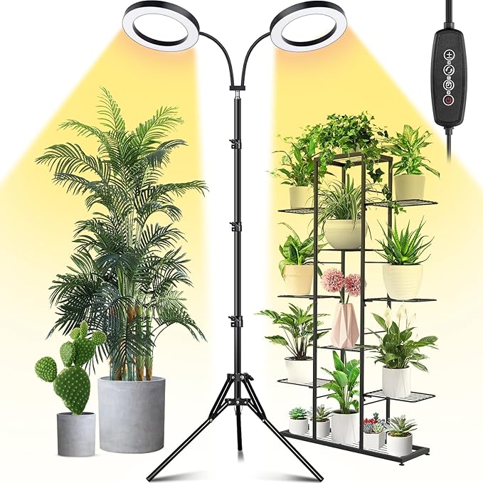 LORDEM Grow Light for Indoor Plants, 7.9" Diameter Dual-Head Plant Light for Plants Growing, Full Spectrum Growth Lamp with Auto Timer 3/6/12H, 4 Dimmable Levels, 3 Lighting Modes, Adjustable Stand-BloomoryGarden