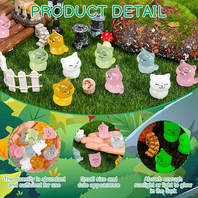 100 Pcs Luminous Mini Cat Figurines Resin Tiny Cat Animal Figurines Glow in The Dark Miniature Cat Statues Ornaments for DIY Cake Decoration Ornaments Crafts Moss Landscape Decoration-BloomoryGarden