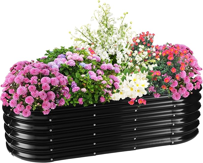 17" Tall Elevated Oval Metal Raised Garden Bed - 5ft x 2ft in Size and 0.8MM Thick Durable Planter Bed/Box for Vegetables Flowers Succulent at Patio/Garden Outdoor (Black, 5X2X1.4 FT)-BloomoryGarden