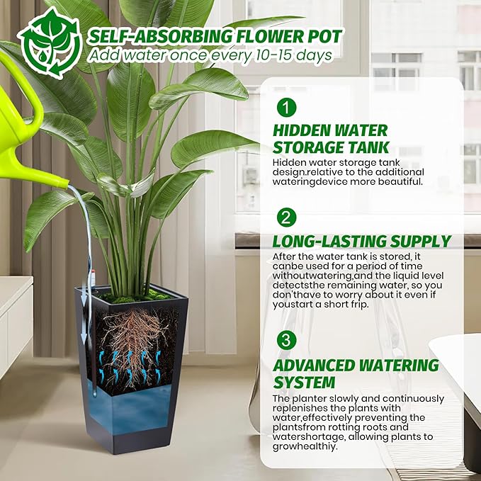 16" Tall Planters Set of 2, Outdoor＆Indoor Black Planter Pots, High Front Porch Planter Pots with Drainage Holes＆Water Level Monitor＆Inner Bucket, Automatic Watering,Black-BloomoryGarden