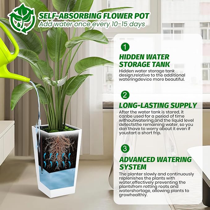 16" Tall Planters Set of 2, Outdoor＆Indoor Black Planter Pots, High Front Porch Planter Pots with Drainage Holes＆Water Level Monitor＆Inner Bucket, Automatic Watering,White-BloomoryGarden