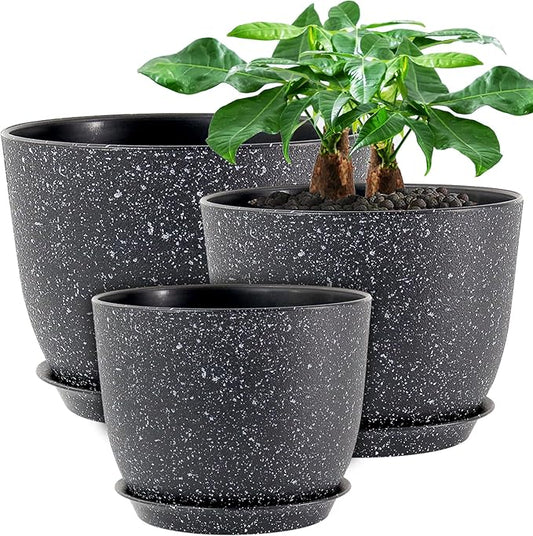 12/10/9 Large Modern Plant Pots, Plastic Planters with Drainage Holes and Saucers for Indoor Outdoor Plants Flowers, Black Speckles-BloomoryGarden