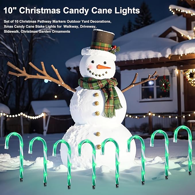 10" Christmas Candy Cane Lights - Set of 10 Pathway Markers Christmas Outdoor Yard Decorations, Green Xmas Candy Cane Stake Lights for Lawn, Walkway, Garden, Xmas Party Indoor Ornaments-BloomoryGarden