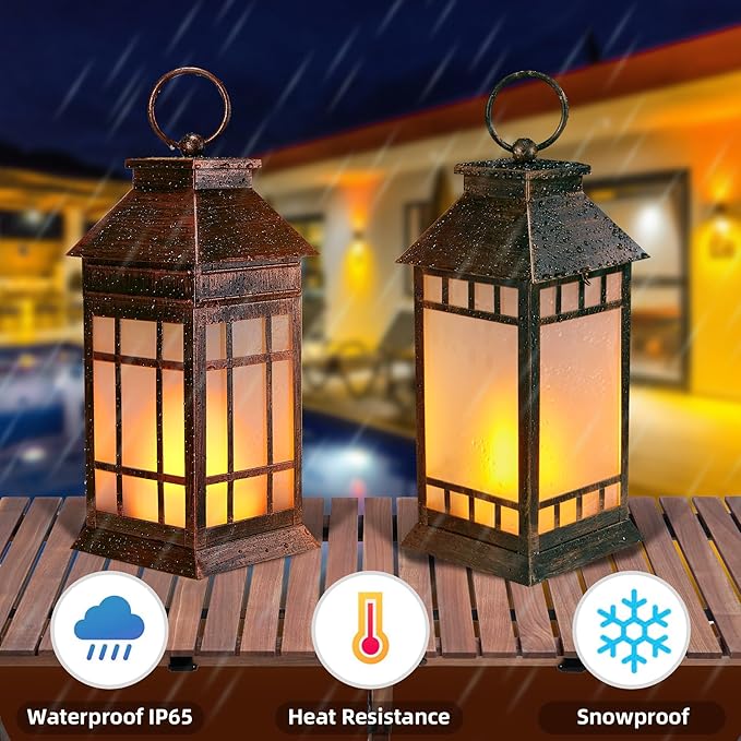 18'' Glass Solar Lantern Outdoor Waterproof, Large Hanging Solar Lanterns with Flickering Flame Lights, Metal Outdoor Lantern Decorative for Patio Garden Backyard Tabletop, Vintage Bronze-BloomoryGarden