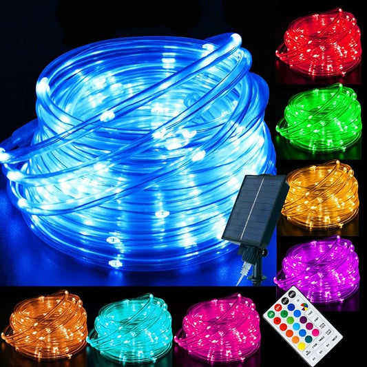 18 Colors 33FT Solar Rope Lights Outdoor Waterproof LED, Color Changing 100 LED Rope Lights Blue Green Pink Fairy String Tube Lights Remote Timer for Trampoline Garden Fence Tree Party Christmas Decor-BloomoryGarden