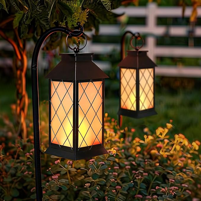 18" Solar Lanterns Outdoor Waterproof, Glass Solar Flickering Flame Lantern Large Hanging Solar Lantern Metal Decorative for Patio Garden Backyard Outside Tabletop (Vintage Black)-BloomoryGarden