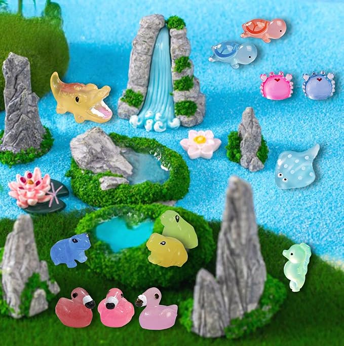 Luminous Mini Resin Ocean Animals 50Pcs Tiny Animals Tiny Turtle Octopus Seahorse Crocodile Dolphin Shark Frog Glow in The Dark for Garden Miniatures Accessories Landscape Aquarium Potted Decoration-BloomoryGarden