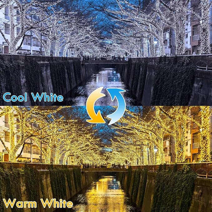 (Warm White ⇋ Cool White) Solar Christmas String Lights Outdoor, 2-Pack Total 80FT 200 LED Solar Twinkle Lights, Waterproof Copper Wire 8 Modes Solar Fairy Lights for Garden Tree Christmas Party Decor
