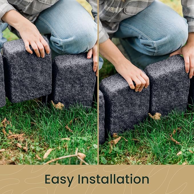Beuta Landscape Edging | Garden Edging Border | Faux Stone Block XL for Lawn Edging, Flower Beds & Yard Edging – 40 Pack | Each Section Has 6 Blocks 48" L x 4" W x 9.5" H | 120 Spikes | Charcoal-BloomoryGarden