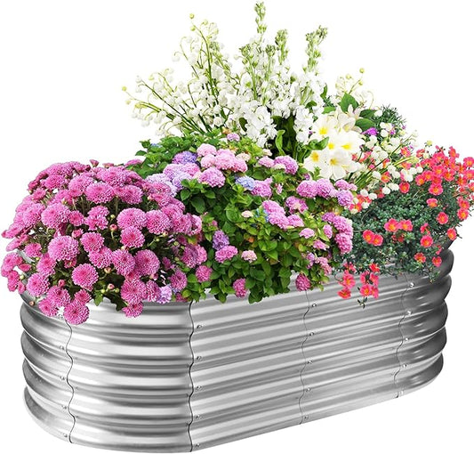 17" Tall Elevated Oval Metal Raised Garden Bed - 4ft x 2ft in Size and 0.8MM Thick Durable Planter Bed/Box for Vegetables Flowers Succulent at Patio/Garden Outdoor (Silver, 4X2X1.4 FT)-BloomoryGarden