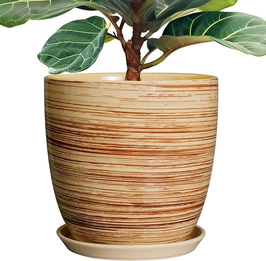 12 Inch Planter Pot Ceramic Plant Pots for Plants with Drainage Hole and Saucer Large Flower Pot for Home Patio Garden Office Yellow-BloomoryGarden