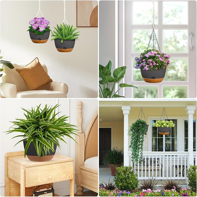 10 Inch Hanging Planters for Indoor & Outdoor Plants (2 Pack) - Self-Watering & Drainage Flower Pots with 2 Kinds of Plant Hangers for Home Decor & Garden (Deep Gray, 10 in)-BloomoryGarden