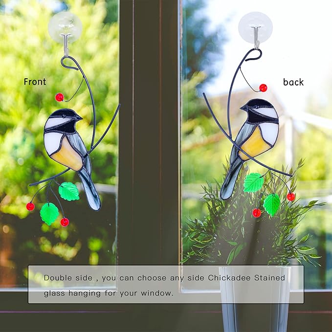 Lolitarcrafts Chickadee Stained Glass Suncatcher Bird Stained Glass Window Hangings for Window Decoration-BloomoryGarden
