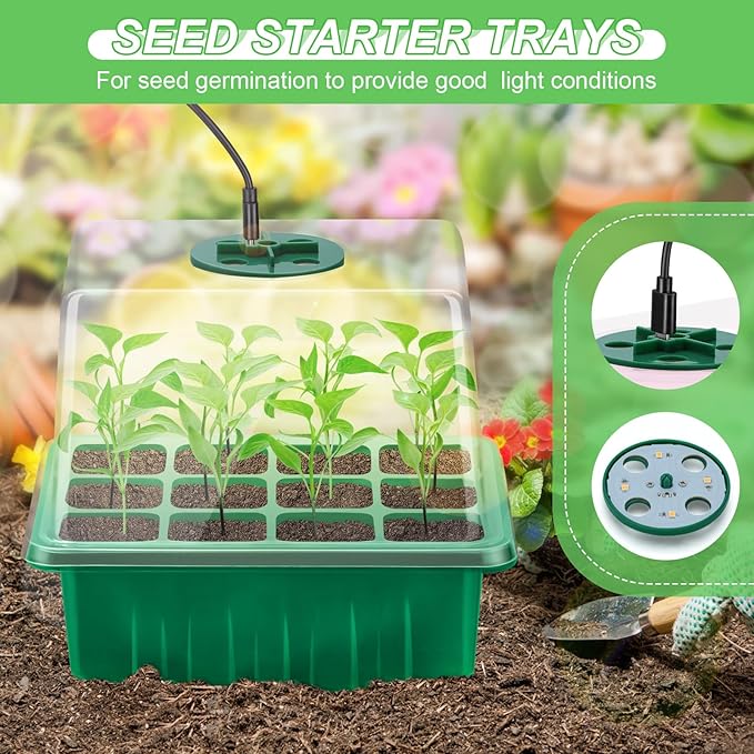 Lunies 6 Packs Seed Starter Tray with Grow Light, Indoor Greenhouse Seeding Starter Trays for Planting, Base Gardening Plant Germination Kit, Seed Starter Kit with Humidity Domes, (12 Cells per Tray)-BloomoryGarden