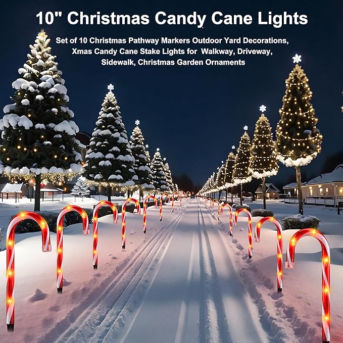 10" Christmas Candy Cane Lights - Set of 10 Pathway Markers Christmas Outdoor Yard Decorations, Xmas Candy Cane Stake Lights for Lawn, Walkway, Garden, Xmas Party Indoor Ornaments-BloomoryGarden