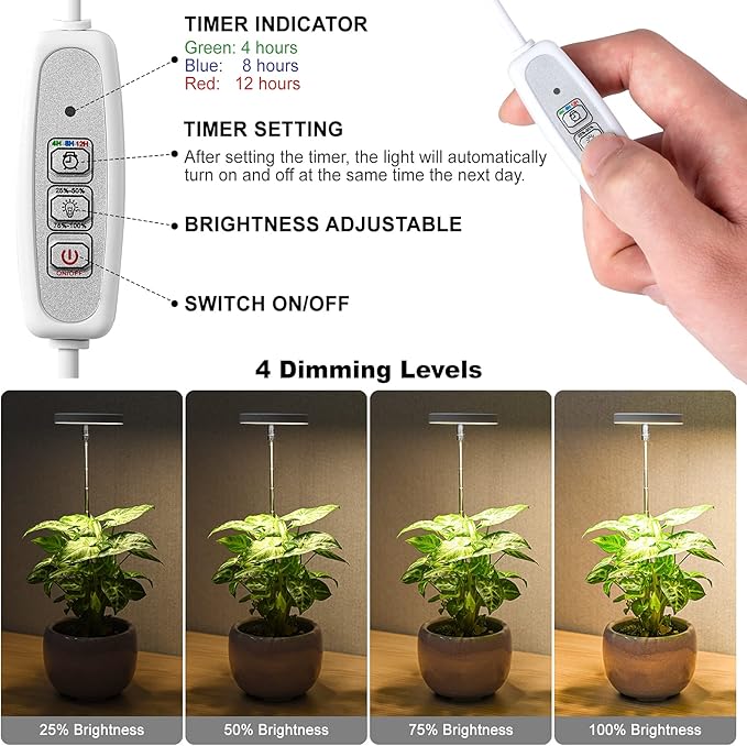 LORDEM Grow Light, Full Spectrum LED Plant Light for Indoor Plants, Height Adjustable Growing Lamp with Auto On/Off Timer 4/8/12H, 4 Dimmable Brightness, Ideal for Small Plants, 3 Packs-BloomoryGarden