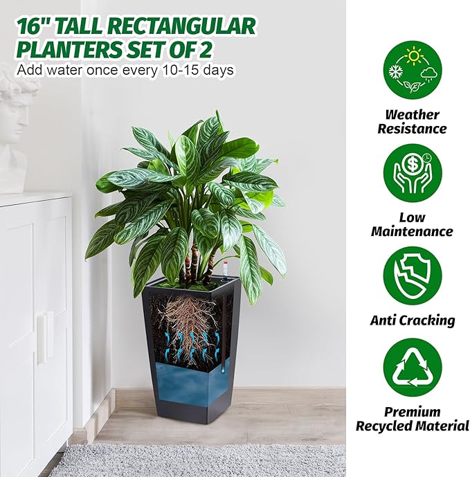 16" Tall Planters Set of 2, Outdoor＆Indoor Black Planter Pots, High Front Porch Planter Pots with Drainage Holes＆Water Level Monitor＆Inner Bucket, Automatic Watering,Black-BloomoryGarden