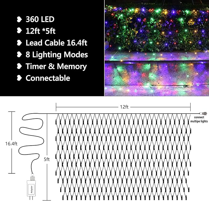 LYHOPE 12ft x 5ft 360 LED Christmas Net Lights, 8 Modes Low Voltage Green Wire Mesh Christmas Decorations Lights for Xmas Trees, Bushes, Wedding, Garden, Outdoor, Indoor Decor (Multicolor)-BloomoryGarden