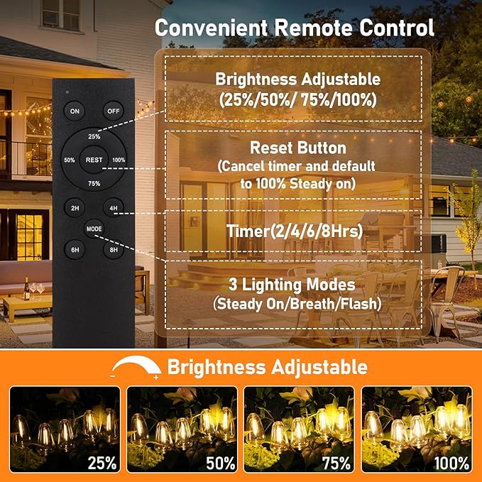 150FT Solar String Lights for Outside, Solar Powered Patio Lights with 52 Shatterproof ST38 Edison Bulbs & Remote Control,Dimmable LED Solar String Lights for Outside Waterproof-BloomoryGarden