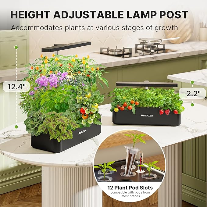 Hydroponics Growing System Kit 12 Pods, 24W LED Grow Light Indoor Garden, 4L Water Tank with Quiet Pump, Adjustable Height Herb Garden Planter Indoor Kit, Gardening Gifts, Black