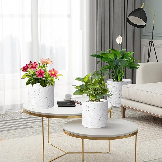 10/8/6 inch Deep Flower Pots, Cylinder Large Plant Pots for Outdoor Indoor Plants, 3 Pack Tall Plastic Planters with Drainage Holes and Saucers for Garden House Plants, Speckled White-BloomoryGarden