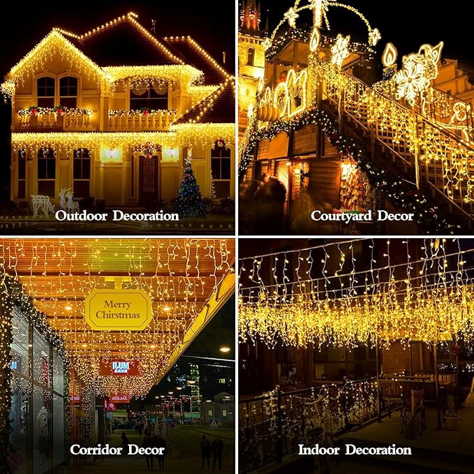 1600 LED 164FT Outdoor Christmas Lights Plug in 8 Modes with Timer Dimmable Christmas Decorations Waterproof Indoor Curtain String Lights for Roof Porch Garden Holiday Wedding Party Decor Warm White-BloomoryGarden
