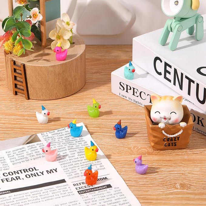 100 Pack Mini Resin Ducks, Multicolor Mini Ducks Wearing Party Hat, Tiny Duck Miniature Duck Figures Tiny Home Ornament for Micro Landscape Dollhouse Garden Aquarium Potted School Office-BloomoryGarden