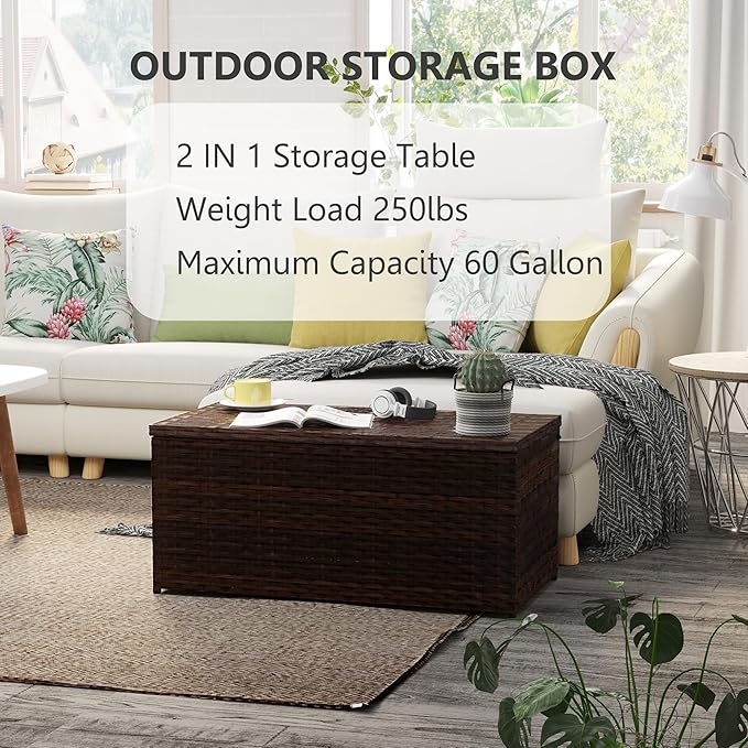 Outdoor 70 Gallon Wicker Storage Box with Waterproof Liner, Patio PE Rattan Storage Container for Outside, Deck Box with Hinged Lid for Cushions, Pillows, Towels, Horizontal Bin, Brown-BloomoryGarden