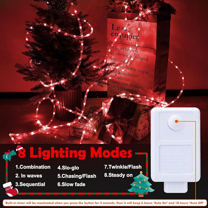 100ft LED Rope Lights Outdoor, 720 LED Connectable and Flexible Tube Lights with 8 Modes, Waterproof LED Rope Lighting for Garden, Patio, Pool, Bedroom, Party, Indoor Outdoor Christmas Decor (Red)-BloomoryGarden