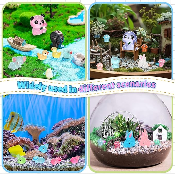 Luminous Mini Resin Animals - 130 Pcs Tiny Animals Mini Ducks Tortoise Rabbit Panda Mushroom Fruits Seashells Set Figurines Glow in The Dark Garden Miniatures Fairy Garden Accessories-BloomoryGarden