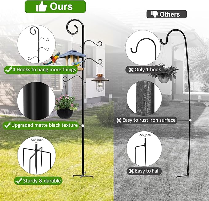 108 Inch Shepherds Hooks for Outdoor 2 Pack, Bird Feeder Poles with 4 Hooks, Shepherds Hook for Bird Feeders Outside with Base, Garden Pole for Hanging Plant Baskets, Weddings Decor (108 Inch)-BloomoryGarden