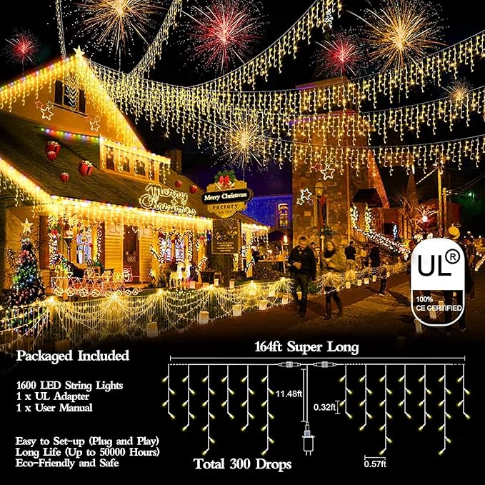 1600 LED 164FT Outdoor Christmas Lights Plug in 8 Modes with Timer Dimmable Christmas Decorations Waterproof Indoor Curtain String Lights for Roof Porch Garden Holiday Wedding Party Decor Warm White-BloomoryGarden