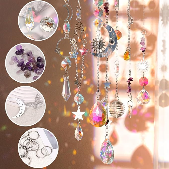 10 Set DIY Suncatcher Making Kits,Crystal Suncatcher Prism Hanging Kit with Hooks/Chain Rainbow Maker,Make Your Own Decorative Hanging Suncatcher for Adults Wedding Windows Home Garden-BloomoryGarden