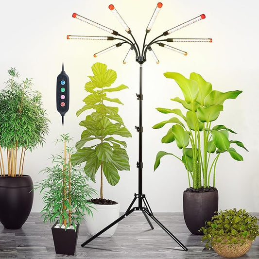 10-Head Grow Lights for Indoor Plants with Stand 90W, LED Plant Grow Light for Tall Houseplants, Bonsai Tree, Full Spectrum Growing Lamp with 4,8,12 Hr Timer, 24"-64" Adjustable Height-BloomoryGarden