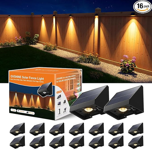16 Pack Decorative Solar Powered Fence Lights Outdoor Waterproof with Warm White LED Spot Lens, for Outside Wall, Deck, Patio, Yard, Rail, Garage, Pool, Designed for Enhanced Security, Easy Install-BloomoryGarden
