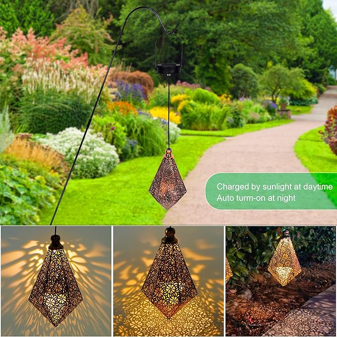 MAGGIFT 2 Pack Solar Hanging Lights, Solar Powered Retro Lantern with Handle, Warm White LED Christmas Garden Lights, Metal Diamond Shape Lamp Waterproof for Outdoor for Yard Tree Fence Patio-BloomoryGarden