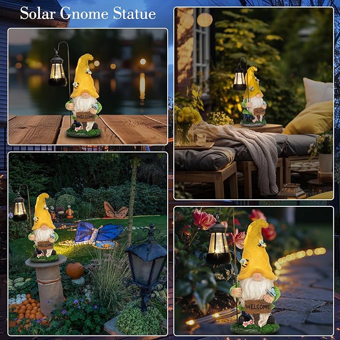 12.6'' Solar Large Garden Gnomes Outdoor Statues with Lantern, Welcome Gnome Garden Outdoor Decor Gift Waterproof Decoration for Patio, Balcony, Yard Ornament - Unique Housewarming Gifts-BloomoryGarden