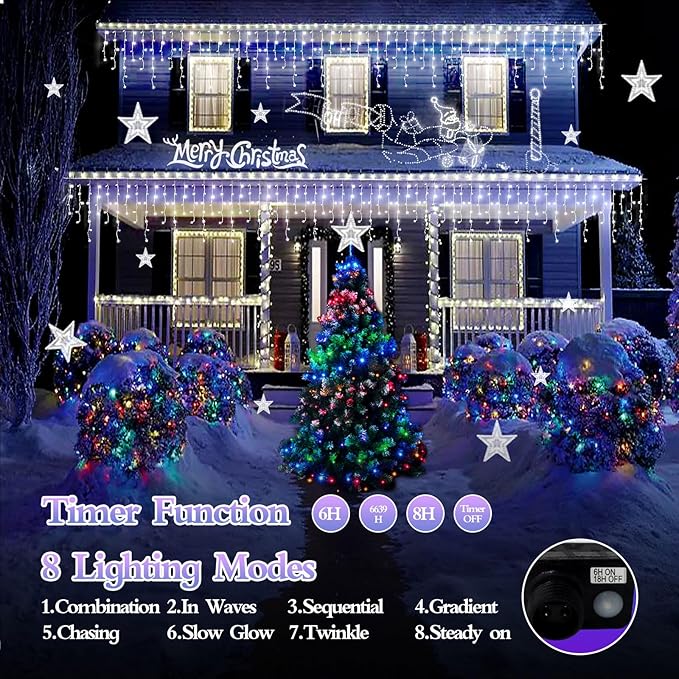1600 LED 164FT Outdoor Christmas Lights Plug in 8 Modes with Timer Dimmable Christmas Decorations Waterproof Indoor Curtain String Lights for Roof Porch Garden Holiday Wedding Party Decor Cool White-BloomoryGarden