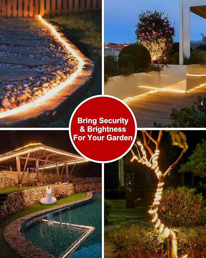 LUHLEE Solar LED Strip Lights,2023 Upgrade Outdoor Rope Lights 8 Lighting Modes,IP65 Waterproof String Lights for Patio Yard Deck Porch Balcony Garden (Warm White, 9.84 ft)-BloomoryGarden