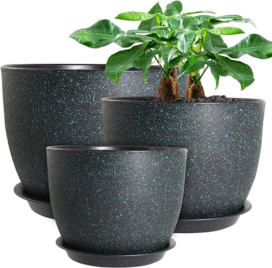 12/10/9 Large Modern Plant Pots, Plastic Planters with Drainage Holes and Saucers for Indoor Outdoor Plants Flowers, Black with Green Speckles-BloomoryGarden