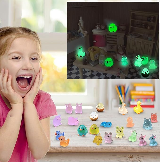 Luminous Mini Resin Animals 50 Pcs Tiny Animals to Hide Around The Office Home Mini Ducks Tiny Frogs Small Birds Little Rabbits Glow in The Dark for Crafts Fairy Garden Accessories-BloomoryGarden