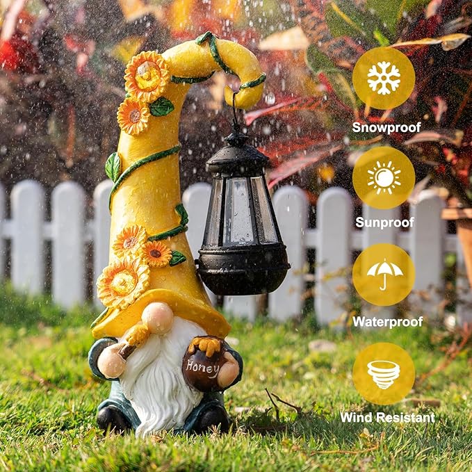 12" Solar Gnome Garden Statues Honey Bee jar Decor with LED Lantern Outdoor Spring Gnomes Decorations Patio Yard Balcony Art Gifts for Women Mom Grandma-BloomoryGarden