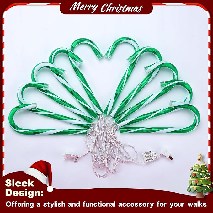 10" 10 Pack Christmas Candy Cane Lights, Candy Cane Lights with 10 Stakes for Walkway Patio Yard Patio Garden Festival Holiday Outdoor Indoor Landscape Path, Christmas Decorations Outside, Green-BloomoryGarden