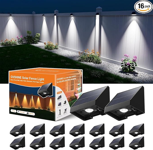 16 Pack Decorative Solar Powered Fence Lights Outdoor Waterproof with Cool White LED Spot Lens, for Outside Wall, Deck, Patio, Yard, Rail, Garage, Pool, Designed for Enhanced Security, Easy Install-BloomoryGarden