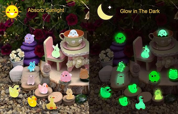Luminous Mini Resin Animals 50 Pcs Tiny Animals to Hide Around The Office Home Mini Ducks Tiny Frogs Small Birds Little Rabbits Glow in The Dark for Crafts Fairy Garden Accessories-BloomoryGarden